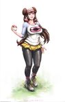  black_legwear blue_eyes breasts brown_hair covered_nipples double_bun full_body highres holding holding_poke_ball large_breasts long_hair looking_at_viewer mei_(pokemon) pantyhose paulo_barrios poke_ball pokemon pokemon_(game) pokemon_bw2 shoes sidelocks smile sneakers socks_over_pantyhose solo thighs twintails visor_cap watch wristwatch 
