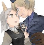  animal_ears bar blonde_hair blush brave_witches brown_eyes clothes_grab commentary_request edytha_rossmann eye_contact fox fox_ears gloves grey_hair hat kyuubi long_hair looking_at_another military military_uniform multiple_girls multiple_tails open_mouth shiraba_(sonomama_futene) short_hair silver_hair smile speech_bubble sweatdrop tail uniform upper_body vest waltrud_krupinski world_witches_series yuri 