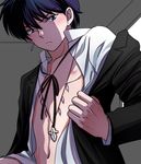 1boy black_hair character_request male_focus nipples piercing solo tagme undressing 