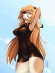  2018 antelope anthro arms_above_head big_breasts black_nose breasts chinook_(crosis278) clothed clothing digital_media_(artwork) eyelashes eyes_closed female fur hair horn krakenparty long_ears long_hair mammal navel nipple_bulge nipples open_mouth orange_hair pinup pose signature small_waist solo standing swimsuit thick_thighs wide_hips 