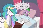 2016 and_then_they_all_fucked book caluriri dragon english_text equine female feral friendship_is_magic horn male mammal my_little_pony princess_celestia_(mlp) reading smile spike_(mlp) text winged_unicorn wings 