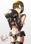  2016 aqua_eyes arm_ribbon armor bangs black_footwear black_gloves black_legwear blunt_bangs blush boots breasts brown_hair character_request covered_mouth cowboy_shot crop_top dated elbow_gloves eyebrows eyebrows_visible_through_hair fingerless_gloves frills girls_frontline gloves gradient gradient_background grey_background hair_ornament hairclip headwear_removed helmet helmet_removed looking_at_viewer maisaki medium_breasts midriff navel original ribbon sangvis_ferri shade short_hair signature sleeveless solo stomach string thigh_boots thighhighs vambraces vespid_(girls_frontline) white_background 