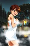  blush breasts brown_eyes brown_hair looking_at_viewer medium_breasts naked_towel night official_art onsen open_mouth outdoors solo steam super_real_mahjong toono_mizuki towel 