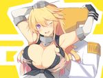  1girl ;d arms_up bare_shoulders black_vest blonde_hair blue_eyes blush breast_grab breasts buttons cleavage collar elbow_gloves epaulettes eyebrows eyebrows_visible_through_hair gloves grabbing grabbing_from_behind gradient_hair hair_between_eyes hetero iowa_(kantai_collection) kantai_collection large_breasts long_hair military military_uniform multicolored_hair naval_uniform one_eye_closed open_clothes open_mouth open_vest pink_hair simple_background smile solo_focus star star-shaped_pupils symbol-shaped_pupils t-head_admiral tenpesuto unbuttoned uniform upper_body very_long_hair vest white_gloves wrist_cuffs yellow_background 