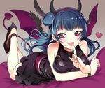  bare_shoulders bed_sheet belt blue_hair blush demon_horns demon_tail demon_wings fangs feathers finger_to_mouth gradient gradient_background hair_bun hair_feathers hair_ornament hairband heart high_heels horns long_hair looking_at_viewer love_live! love_live!_sunshine!! lying on_stomach open_mouth purple_eyes rassie_s sketch skirt smile solo tail tsushima_yoshiko wings wristband 