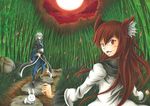  1girl ahoge animal_ears bamboo bamboo_forest brooch brown_hair bunny choker dress forest glasses grass hidefu_kitayan imaizumi_kagerou japanese_clothes jewelry long_hair long_sleeves looking_at_viewer marker_(medium) moon morichika_rinnosuke nature red_eyes rock short_hair silver_hair smile touhou traditional_media wide_sleeves wolf_ears 