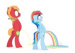  2016 absurd_res big_macintosh_(mlp) blonde_hair butt collar cutie_mark duo earth_pony equine female feral freckles friendship_is_magic green_eyes hair hi_res horse humor male mammal multicolored_hair my_little_pony open_mouth peeing pegasus pony purple_eyes rainbow rainbow_dash_(mlp) rainbow_hair rear_view simple_background surprise tongue tongue_out urine what white_background wide_eyed wings zutheskunk 