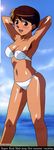  absurdres armpits arms_behind_head arms_up bikini blush breasts brown_eyes brown_hair copyright_name covered_nipples highres looking_at_viewer medium_breasts navel official_art open_mouth solo super_real_mahjong swimsuit tanaka_ryou toono_mizuki white_bikini 