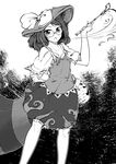  1girl animal_ears blowing_smoke bow collarbone commentary_request futatsuiwa_mamizou glasses gourd greyscale hat hat_bow highres holding holding_pipe kiseru leaf leaf_on_head looking_at_viewer monochrome pipe raccoon_ears raccoon_tail solo tail touhou triangle_mouth 