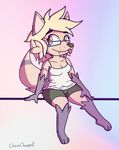  blonde_hair canine chainchomped clothing colorful eyewear female fox glasses hair lola looking_at_viewer mammal paws shorts sitting solo 