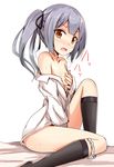  aikawa_ryou bare_shoulders black_legwear blush bow bow_panties brown_eyes covering covering_breasts covering_crotch grey_hair hair_ribbon kantai_collection kasumi_(kantai_collection) knee_up kneehighs looking_at_viewer naked_shirt nose_blush off_shoulder open_mouth panties panties_around_one_leg partially_undressed remodel_(kantai_collection) ribbon shirt side_ponytail simple_background sitting solo striped striped_panties sweat underwear white_background 