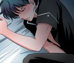  1boy bed bed_sheet black_hair blush character_request lying male_focus solo tagme undressing 