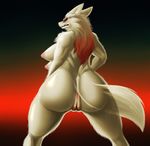  2016 anthro anus aoino_broome breasts butt canine female fur gradient_background looking_back mammal multi_breast nipples nude pussy simple_background solo white_fur 