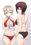  arms_at_sides ass bare_arms bare_shoulders bikini black_bikini blonde_hair blue_eyes breasts brown_hair cleavage cleavage_cutout closed_mouth collarbone cowboy_shot cup darjeeling drink girls_und_panzer grey_background highres holding holding_cup liquid looking_at_viewer medium_breasts multiple_girls navel nishizumi_maho o-ring o-ring_bottom o-ring_top red_bikini saucer short_hair simple_background smile standing stomach swimsuit tea teacup yamaori_(yamaorimon) 