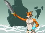  canine clothed clothing dentist_(artist) eye_patch eyewear fox male mammal melee_weapon muscular reynardo solo stories sword topless weapon 