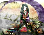  closed_mouth collar earrings gankutsuou green_eyes hair_ornament hair_over_one_eye haydee japanese_clothes jewelry kimono kneeling long_hair long_sleeves looking_at_viewer one_eye_covered pale_skin pointy_ears psychedelic seiza sitting solo wide_sleeves 
