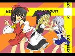  blonde_hair caution_tape cherry_ice cherry_pie dancing ga_rune_pose galaxy_angel hakurei_reimu hat highres izayoi_sakuya keep_out kirisame_marisa long_sleeves maid multiple_girls parody pencilworks touhou witch witch_hat 