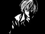  artist_request death_note evil_grin evil_smile greyscale grin high_contrast highres male_focus monochrome smile solo wallpaper yagami_light 