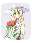  bag blonde_hair blush braid dress green_eyes hat hug lillie_(pokemon) lilligant long_hair miyo_(miyomiyo01) pokemon pokemon_(creature) pokemon_(game) pokemon_sm sleeveless sleeveless_dress sun_hat sundress twin_braids white_dress 