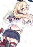  ass black_panties blonde_hair blush commentary_request crop_top elbow_gloves from_behind gloves grey_eyes hair_ribbon hairband highleg highleg_panties highres kantai_collection long_hair looking_back microskirt otokuyou panties ribbon sailor_collar shimakaze_(kantai_collection) skirt smile solo striped striped_legwear thighhighs thong underwear whale_tail white_gloves 