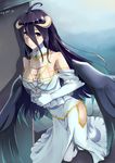  absurdres albedo black_hair breasts cleavage collar collarbone dress fingerless_gloves gloves hair_between_eyes highres horns large_breasts long_hair overlord_(maruyama) signature solo toyozero white_dress white_gloves wings yellow_eyes 