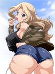  ass back bare_shoulders blonde_hair blue_eyes blush breasts candy covered_nipples denim denim_shorts food girls_und_panzer hand_on_hip highres jacket kay_(girls_und_panzer) large_breasts lollipop long_hair looking_at_viewer military military_uniform off_shoulder r44 saunders_military_uniform shorts solo tank_top thighhighs uniform white_legwear 
