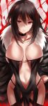  1girl bangs bare_shoulders black_dress breasts brown_hair center_opening choker closed_mouth collarbone consort_yu_(fate) dress earrings farys_(afopahqfw) fate/grand_order fate_(series) frown fur_trim groin highres jacket jewelry long_hair looking_at_viewer medium_breasts multiple_earrings navel red_eyes revealing_clothes shiny shiny_skin sidelocks solo strapless strapless_dress tsurime very_long_hair 