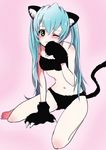  animal_ears aqua_hair blush cat_ears cat_paws cat_tail green_eyes hatsune_miku long_hair midriff navel one_eye_closed paws pink_background sitting solo tail twintails very_long_hair vocaloid watanamico 