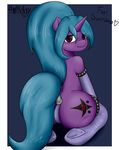  2016 absurd_res anthro arcane_shade blue_hair border butt clothing equine fan_character female freckles fur hair hi_res holliday_(artist) horn legwear looking_at_viewer mammal my_little_pony purple_fur simple_background solo stockings unicorn 