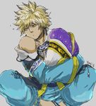  artist_name blonde_hair chinese_clothes grey_background male_focus meansary meitenkun pillow pillow_hug purple_eyes simple_background sitting solo the_king_of_fighters the_king_of_fighters_xiv 