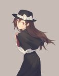  alternate_hair_length alternate_hairstyle black_capelet book brown_eyes brown_hair capelet from_side grey_background hat hat_ribbon jpeg_artifacts long_hair long_sleeves looking_at_viewer ribbon shirt simple_background skirt smile solo touhou usami_renko yamamomo_(plank) 