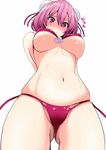  @_@ adapted_costume amisu arms_behind_back ass_visible_through_thighs belly bikini blush breasts bun_cover covered_nipples double_bun flower from_below full-face_blush ibaraki_kasen large_breasts looking_at_viewer midriff navel pink_hair red_bikini red_eyes rose short_hair simple_background skindentation solo swimsuit text_focus touhou underboob white_background 