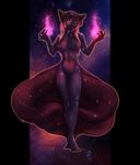  2016 anthro areola big_breasts breasts canine female fox fur heterochromia hi_res looking_at_viewer magic mammal multi_tail navel nipples nude omesore purple_eyes purple_fur pussy red_eyes red_fur red_nipples smile solo space star 