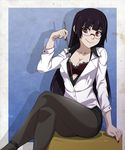  alternate_costume bangs bespectacled black_hair black_legwear black_skirt blunt_bangs bra breasts cleavage crossed_legs desk glasses highres kanoe_yuuko lace lace-trimmed_bra long_hair looking_at_viewer medium_breasts miniskirt nail_polish on_desk pantyhose pencil_skirt pointer purple_bra red_eyes red_nails semi-rimless_eyewear sitting sitting_on_desk skirt smile solo spike_wible tasogare_otome_x_amnesia teacher unbuttoned under-rim_eyewear underwear 