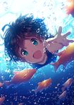  :d ahoge air_bubble breath brown_hair bubble diving fish freediving green_eyes holding_breath idolmaster idolmaster_million_live! ima_(lm_ew) kinoshita_hinata looking_at_viewer open_mouth short_hair smile solo swimming swimsuit underwater 