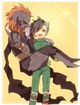  :d beard brown_hair carrying covering_face dagda embarrassed facial_hair green_eyes happy jumpsuit multiple_boys nanashi_(shin_megami_tensei_iv_final) open_mouth orange_hair princess_carry scarf shin_megami_tensei shin_megami_tensei_iv shin_megami_tensei_iv_final shooting-star smile 