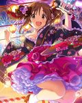  artist_request black_ribbon breasts brown_eyes brown_hair cleavage fireworks flower frilled_kimono frills idolmaster idolmaster_cinderella_girls japanese_clothes jumping kimono kimono_skirt large_breasts microphone official_art petticoat pink_flower pink_rose ribbon rose smile solo thighs totoki_airi twintails 