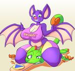  2015 anthro bat big_breasts breasts chameleon cleavage clothed clothing duo female huge_breasts jaeh laylee lizard long_tongue male mammal nipple_bulge reptile scalie smile tongue yooka yooka-laylee 