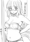  arms_behind_back bangs blunt_bangs blush bra breasts cleavage embarrassed frilled_bra frills fume girls_und_panzer glasses greyscale hijiri_tsukasa long_hair looking_at_viewer medium_breasts monochrome navel open_mouth panties semi-rimless_eyewear sketch solo standing strap_slip sweatdrop takebe_saori translation_request under-rim_eyewear underwear underwear_only undressing upper_body 