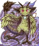  bubonikku fangs feathers imp looking_at_viewer male noseless purple_eyes smile solo talons tan_feathers wings 