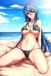  beach bikini black_bikini blue_hair breasts gakuen_taisen_valkyries glasses highres large_breasts looking_at_viewer navel sabra_greengold sblack skindentation solo swimsuit 