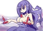  :&gt; bags_under_eyes between_breasts breasts bursting_breasts cleavage dress dynamite explosive gen_1_pokemon green_eyes koffing large_breasts long_hair low-cut personification pokemon purple_hair seki_(red_shine) simple_background solo 