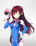  ;d animal_print armor bangs bodysuit breasts brown_eyes brown_hair bunny_print chamnaitu covered_navel cowboy_shot d.va_(overwatch) facepaint facial_mark gloves gradient gradient_background gun hand_on_hip hand_up handgun headphones high_collar highres holding holding_gun holding_weapon long_hair looking_at_viewer medium_breasts one_eye_closed open_mouth overwatch pauldrons pilot_suit shoulder_pads smile solo turtleneck weapon whisker_markings white_gloves 