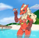  &#039;murica 2016 anthro avian beak big_breasts bikini bird blaziken breasts clothed clothing cloud digital_media_(artwork) feathers female fourth_of_july hair holidays looking_at_viewer navel nintendo open_mouth outside pok&eacute;mon sky solo sunshine swimsuit tongue video_games water wet 