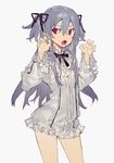  bad_id bad_twitter_id blouse bottomless bow charolette_antoine_(hirota_tsuu) claw_pose cowboy_shot dress fang frills grey_hair hair_between_eyes hair_ribbon hirota_tsuu long_hair long_sleeves looking_at_viewer open_mouth original pointy_ears purple_eyes ribbon silver_hair simple_background solo two_side_up white_background 