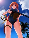  aps_rifle bangs bare_arms blue_sky blue_swimsuit blunt_bangs blush breasts cloud commentary_request day diving_mask from_below gun highres holding holding_gun holding_weapon holster large_breasts legs_apart lens_flare mizuki_(mizuki_ame) one-piece_swimsuit orange_hair original outdoors palm_tree purple_eyes rifle sky solo standing sun surprised sweat swimsuit thigh_holster thigh_strap tree twintails watch water weapon wristwatch 