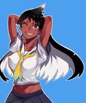  1girl artist_request black_eyes black_hair dark_skin hands_behind_head midriff multicolored_hair serafuku sharp_teeth simple_background smile tan white_hair white_pupil wink 