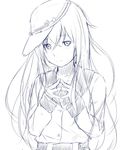 bangs commentary fingers_together greyscale hair_between_eyes hammer_and_sickle hat hibiki_(kantai_collection) highres kantai_collection long_hair looking_at_viewer monochrome niwatazumi school_uniform serafuku simple_background sketch sleeves_past_wrists solo star upper_body verniy_(kantai_collection) white_background 