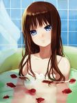  bath bathtub blue_eyes brown_hair highres hitsuji_kumo long_hair looking_at_viewer original partially_submerged petals petals_on_liquid rose_petals solo tile_wall tiles 