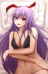  animal_ears bed_sheet black_bra bra bunny_ears crossed_arms frilled_bra frills highres long_hair looking_at_viewer lying navel on_back pillow purple_hair red_eyes reisen_udongein_inaba slit_pupils smile solo touhou underwear underwear_only zayaku_(zayakuzazai) 